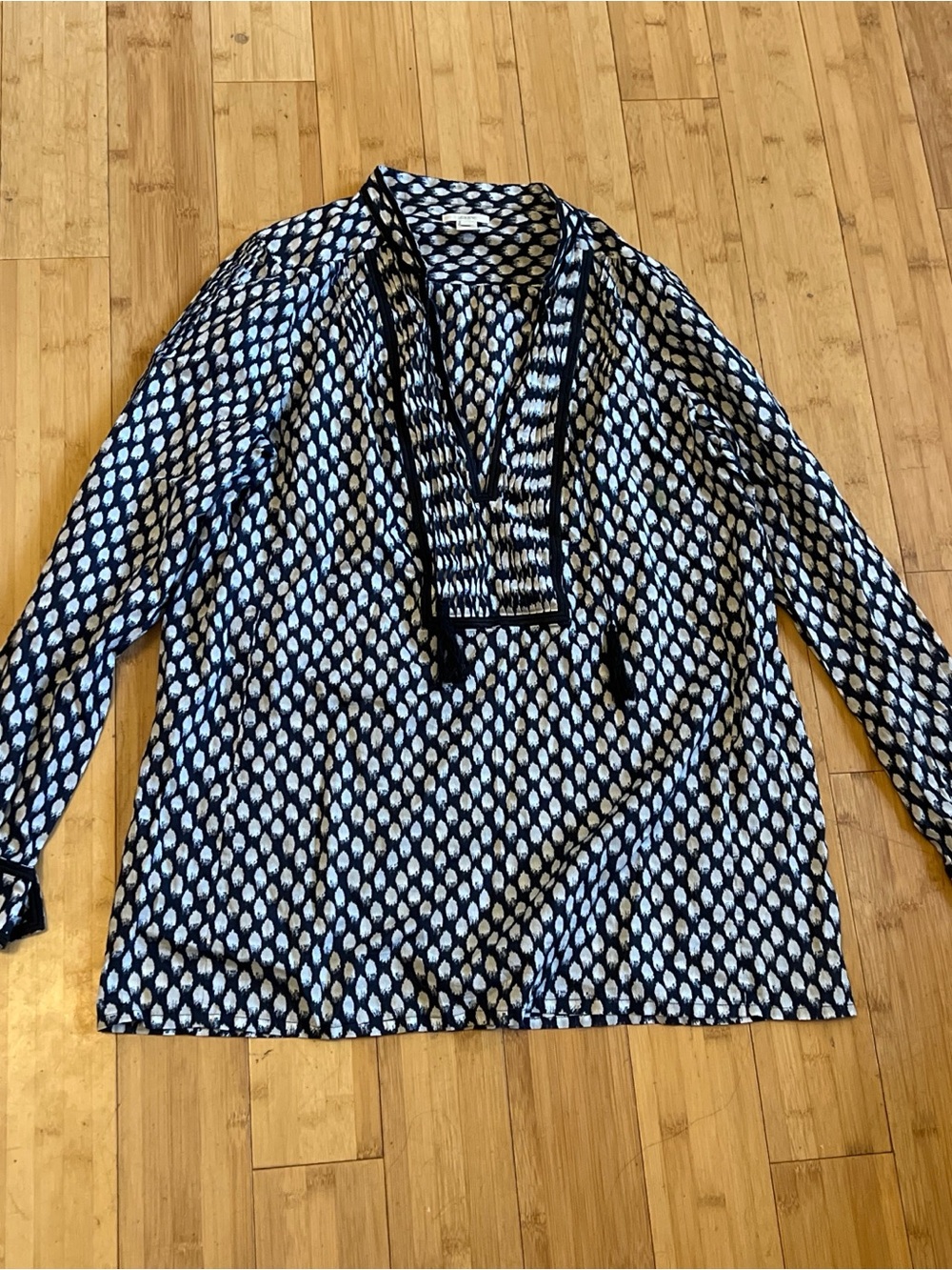 J. Crew Navy and White Patterned V-Neck Blouse